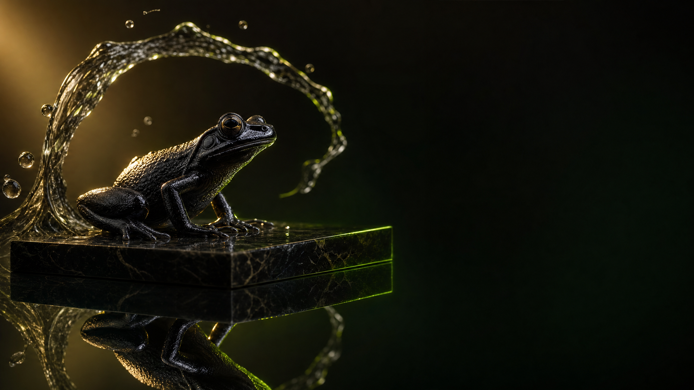 Black Frog, a black frog poised on a polished stone plinth under a ribbon of liquid glass